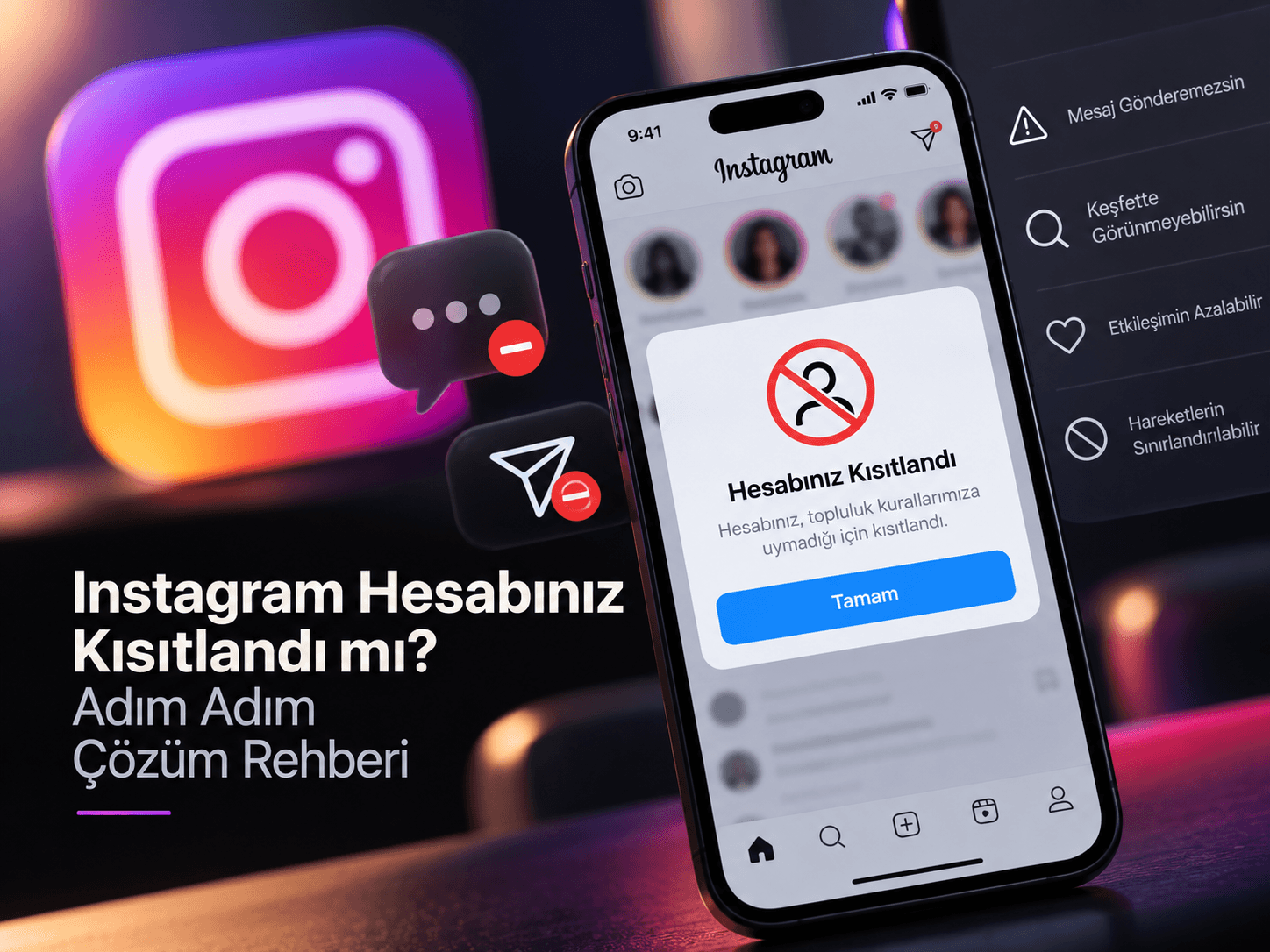 Instagram hesabının kısıtlandığını gösteren uyarı kartı