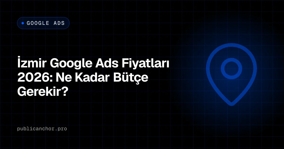 İzmir'de ilçe bazlı Google Ads hedeflemesini ve bütçe kalemlerini konum ikonuyla simgeleyen kapak görseli