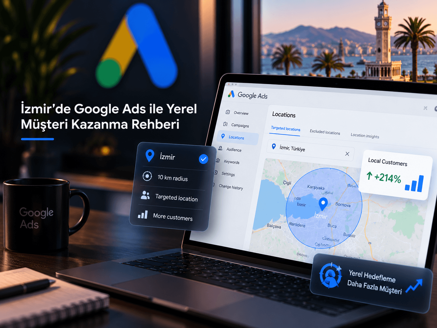 İzmir'de yerel Google Ads kampanya yönetimini simgeleyen kapak görseli