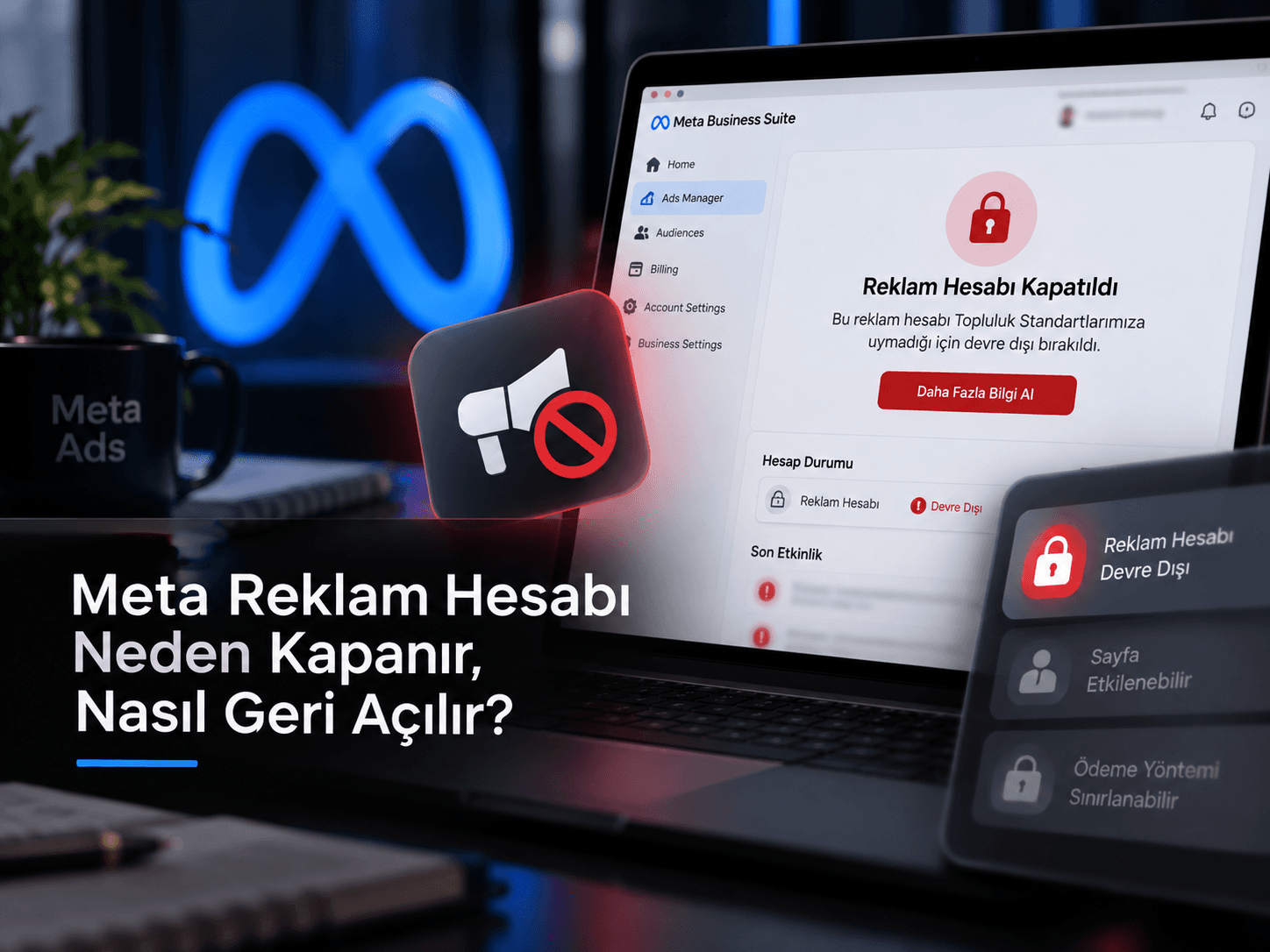 Meta reklam hesabının kapatıldığını gösteren uyarı kartı